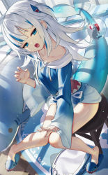 Rule 34 | 1girl, bare legs, blue hair, breasts, collarbone, commentary, fins, fish tail, gawr gura, gawr gura (1st costume), hair ornament, highres, hololive, hololive english, looking at viewer, medium hair, scottie (phantom2), shark, shark tail, silver hair, sitting, small breasts, solo, tail, virtual youtuber