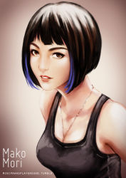 Rule 34 | 1girl, armor, bare shoulders, black hair, blue hair, bob cut, body armor, bodysuit, breasts, brown eyes, character name, drivesuit, eyebrows, jewelry, legendary pictures, lips, mako mori, minipraw, multicolored hair, necklace, nose, pacific rim, realistic, short hair, solo, streaked hair, tank top, upper body, watermark, web address