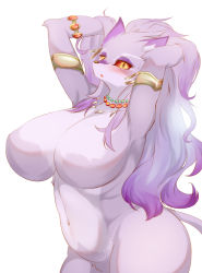 Rule 34 | 1girl, absurdres, alternate form, animal ears, armlet, blush, bracelet, breasts, cat ears, cat girl, cat tail, claws, colored sclera, earrings, fangs, furry, highres, isabella (seiken densetsu 3), jewelry, multicolored hair, navel, necklace, no nipples, no pussy, purple fur, purple hair, red sclera, seiken densetsu, seiken densetsu 3, slit pupils, tail, two-tone hair, wakka
