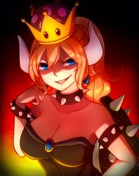 Rule 34 | 1girl, armlet, bare shoulders, black dress, blonde hair, blue eyes, bowsette, bracelet, brooch, collar, collarbone, commentary, crown, dress, english commentary, eyes visible through hair, grin, hair between eyes, hand up, highres, horns, jewelry, long hair, looking at viewer, mario (series), new super mario bros. u deluxe, nintendo, parted lips, shaded face, sharp teeth, smile, solo, speckticuls, spiked armlet, spiked bracelet, spiked collar, spiked shell, spikes, super crown, teeth, turtle shell, upper body, v-shaped eyebrows