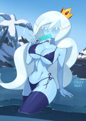 Rule 34 | 1girl, adventure time, barleyshake, bikini, blue bikini, blue sclera, blue skin, blue sky, blue theme, blue thighhighs, blush, breasts, cartoon network, cleavage, collarbone, colored sclera, colored skin, crown, eating, food, food in mouth, genderswap, genderswap (mtf), highres, ice, ice queen (adventure time), icicle, large breasts, long hair, looking at viewer, mountain, navel, palm tree, partially submerged, popsicle, side-tie bikini bottom, sky, snow, solo, standing, swimsuit, thighhighs, tree, underboob, very long hair, water, white eyes, white hair