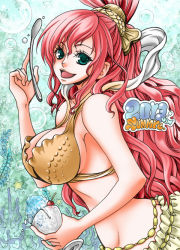 Rule 34 | 10s, 1girl, 2013, aqua eyes, breasts, bubble, chikaburo, cleavage, coral, food, green eyes, hair ornament, hairclip, large breasts, long hair, looking at viewer, mermaid, midriff, monster girl, one piece, open mouth, pink hair, princess, red hair, shaved ice, shirahoshi, sideboob, smile, solo, spoon, starfish, summer, underwater, upper body, very long hair