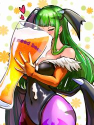 Rule 34 | 1girl, absurdres, alcohol, animal print, ap cammy, bare shoulders, bat print, beer, beer glass, black leotard, black wings, blunt bangs, blush, breasts, bridal gauntlets, closed eyes, commentary request, covered navel, cup, demon girl, drinking, elbow gloves, english text, eyelashes, feather trim, fingernails, gloves, green hair, head wings, heart, highres, holding, holding cup, large breasts, leotard, long hair, low wings, morrigan aensland, orange gloves, oversized object, pantyhose, print pantyhose, purple pantyhose, solo, spilling, strapless, strapless leotard, vampire (game), wings