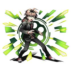 Rule 34 | 10s, 1boy, ahoge, alpha transparency, angry, blazer, brown hair, danganronpa (series), danganronpa: trigger happy havoc, divine gate, full body, green eyes, hood, hoodie, jacket, layered clothes, legs apart, looking at viewer, male focus, naegi makoto, official art, open mouth, outstretched arm, shadow, shoes, short hair, sneakers, solo, standing, transparent background, ucmm, wide stance