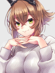 Rule 34 | 1girl, alternate costume, blush, breasts, brown hair, chikage (blackclownery), green eyes, grey background, grey sweater, hair between eyes, headgear, highres, interlocked fingers, kantai collection, large breasts, long sleeves, looking at viewer, mutsu (kancolle), short hair, simple background, smile, solo, sweater
