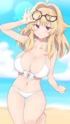 Rule 34 | 1girl, adjusting eyewear, ahoge, bad id, bad pixiv id, bikini, blonde hair, blurry, bow, bow bikini, breasts, cleavage, cowboy shot, day, depth of field, embarrassed, frown, glasses, hair intakes, halterneck, highres, large breasts, leaning to the side, long hair, looking at viewer, mole, mole under mouth, mukuba, navel, outdoors, parted bangs, red eyes, senran kagura, shiki (senran kagura), skindentation, solo, standing, standing on one leg, swimsuit, thighs, white bikini
