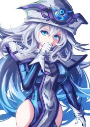 Rule 34 | 1girl, blue dress, blue eyes, commentary request, dashinoya, dress, duel monster, gloves, hair between eyes, hat, hip vent, long hair, long sleeves, looking at viewer, silent magician, solo, white background, white gloves, white hair, white hat, wizard hat, yu-gi-oh!