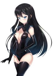 Rule 34 | 1girl, black gloves, black hair, black leotard, black thighhighs, blue eyes, blush, breasts, brown hair, cleavage, elbow gloves, floating hair, gloves, hair ornament, highres, kyandii, leotard, long hair, looking at viewer, medium breasts, parted lips, personification, samsung galaxy s9, shiny clothes, simple background, solo, standing, thighhighs, very long hair, white background