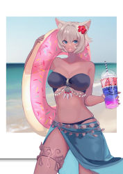 Rule 34 | 1girl, :o, animal ears, bandeau, bare shoulders, beach, bikini, black bikini, blue eyes, breasts, cat ears, cleavage, cup, dark-skinned female, dark skin, day, disposable cup, drinking straw, fang, final fantasy, final fantasy xiv, flower, grey hair, hair flower, hair ornament, highres, holding, holding cup, innertube, large breasts, looking at viewer, miqo&#039;te, mochiya99, navel, open mouth, outdoors, short hair, smile, solo, standing, strapless, strapless bikini, swim ring, swimsuit, thighlet, warrior of light (ff14)