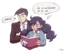 Rule 34 | 1boy, 1girl, black hair, blue eyes, book, coat, collared shirt, commentary request, cozqqq, creatures (company), crossed arms, dark-skinned female, dark skin, emma (pokemon), french text, game freak, holding, holding book, looker (pokemon), looking at another, necktie, nintendo, pokemon, pokemon xy, reading, shirt, signature, thick eyebrows, translated, trench coat