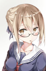 Rule 34 | 1girl, 7gao, ahoge, artoria pendragon (fate), brown eyes, commentary request, fate/grand order, fate (series), food, glasses, gradient background, hair bun, highres, light brown hair, looking at viewer, mouth hold, mysterious heroine x alter (fate), mysterious heroine x alter (first ascension) (fate), pocky, school uniform, serafuku, simple background, single hair bun, solo