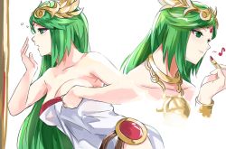 Rule 34 | 1girl, ancient greek clothes, bare arms, bare shoulders, blush, bracelet, breasts, chain, chiton, circlet, closed mouth, collarbone, dress, dressing, female focus, gasp, green eyes, green hair, hand up, headpiece, heart, highres, jewelry, kid icarus, kid icarus uprising, large breasts, lips, lipstick, long hair, looking to the side, makeup, multiple views, neck, neck ring, necklace, nintendo, open mouth, palutena, parted bangs, side slit, simple background, smile, solo, strapless, strapless dress, super smash bros., tiara, tomas (kaosu22), upper body, very long hair, white dress