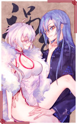 Rule 34 | 10s, 2girls, ahoge, alternate costume, alternate hairstyle, blue eyes, blue hair, breasts, china dress, chinese clothes, cleavage, cleavage cutout, clothing cutout, dress, earrings, glasses, hair down, hand on another&#039;s chin, hand on own ass, highres, jewelry, kazanari tsubasa, large breasts, light purple hair, long hair, looking at another, milk puppy, multiple girls, no panties, parted lips, purple eyes, senki zesshou symphogear, side slit, smile, tangzhuang, twintails, very long hair, yukine chris, yuri