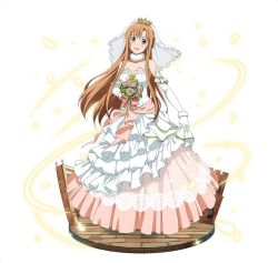 Rule 34 | 1girl, :d, asuna (sao), blush, bouquet, bridal veil, brown eyes, brown hair, choker, collarbone, diadem, dress, elbow gloves, flower, full body, gloves, head tilt, holding, holding bouquet, long hair, looking at viewer, open mouth, simple background, skirt hold, sleeveless, sleeveless dress, smile, solo, standing, strapless, strapless dress, sword art online, veil, very long hair, wedding dress, white background, white dress, white gloves