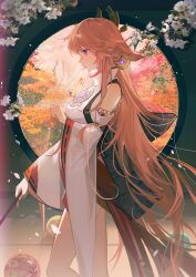 1girl animal_ears bare_shoulders blush breasts cherry_blossoms detached_sleeves earrings fox_ears genshin_impact hair_between_eyes hair_ornament haitu highres japanese_clothes jewelry kimono large_breasts long_hair long_sleeves looking_at_viewer multiple_girls pink_hair purple_eyes smile solo very_long_hair wide_sleeves yae_miko