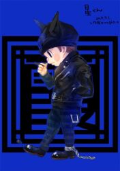 Rule 34 | 1boy, beanie, belt, belt buckle, between fingers, black belt, black eyes, black footwear, black hat, black jacket, black pants, black sleeves, blue background, blue pants, blush stickers, brown hair, buckle, buttons, cigarette, closed mouth, collared jacket, cuffs, danganronpa (series), danganronpa v3: killing harmony, expressionless, from side, full body, hand in pocket, hat, holding, holding cigarette, horned hat, hoshi ryoma, jacket, leather, leather jacket, long sleeves, male focus, pants, pocket, shackles, shizuki (orougho o), shoes, short hair, simple background, single ankle cuff, solo, studded belt, third-party source, two-tone pants, zipper, zipper pull tab