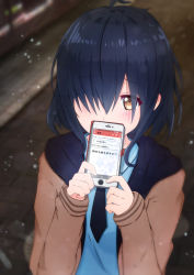 1girl 22/7 black_necktie blurry blurry_background blush brown_eyes brown_jacket cellphone furoggu-gaburi hair_over_one_eye highres holding holding_phone jacket long_sleeves necktie outdoors phone short_hair smartphone solo standing takigawa_miu translated