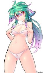 Rule 34 | 1girl, artist name, bikini, breasts, butterfly hair ornament, chestnut mouth, choker, cleavage, cowboy shot, green hair, hair ornament, highres, long hair, looking at viewer, medium breasts, mole, mole on breast, multicolored hair, navel, original, pink hair, ponytail, ranken, red eyes, simple background, solo, standing, swimsuit, two-tone hair, wet, white background, white bikini