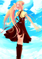 00s 1girl air_(visual_novel) blonde_hair boots day female_focus kamio_misuzu kitagawa_unagi long_hair ribbon sky solo very_long_hair