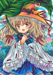 Rule 34 | 1girl, :d, back bow, blonde hair, blue bow, blue flower, blush, bow, breasts, brown hat, cowboy shot, floral background, flower, frilled bow, frilled hat, frilled sleeves, frills, hair ribbon, hat, hat bell, hat ribbon, holding, holding leaf, holding umbrella, hydrangea, leaf, leaf umbrella, long hair, long sleeves, looking at viewer, marker (medium), moriya suwako, open mouth, outdoors, pink flower, red flower, red ribbon, ribbon, ribbon-trimmed sleeves, ribbon trim, rui (sugar3), sample watermark, small breasts, smile, solo, touhou, traditional media, umbrella, watermark, wide sleeves, yellow eyes