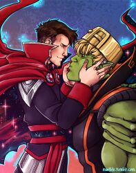 Rule 34 | 2boys, aged up, alternate costume, bara, black bodysuit, black hair, blonde hair, bodysuit, colored skin, couple, crown, ear piercing, finger to another&#039;s mouth, floating cape, from side, green skin, hand on another&#039;s cheek, hand on another&#039;s face, highres, hulkling, imminent kiss, interspecies, maelikki, male focus, marvel, multiple boys, muscular, muscular male, pectorals, piercing, short hair, sideburns, sleeveless, smile, starry bodysuit, telekinesis, thick eyebrows, toned, toned male, undercut, upper body, wiccan, yaoi, young avengers