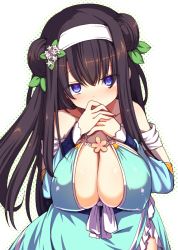 Rule 34 | 1girl, aqua dress, bad id, bad pixiv id, bare shoulders, blue eyes, blush, breasts, breasts squeezed together, brown hair, cleavage, covered erect nipples, covering own mouth, double bun, dress, flower, hair bun, hair flower, hair ornament, headband, large breasts, long hair, looking at viewer, nachisuke, rinne (sennen sensou aigis), sennen sensou aigis, simple background, solo, white background