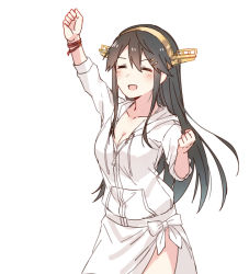 Rule 34 | 1girl, black hair, commentary request, cowboy shot, drawstring, closed eyes, hairband, haruna (kancolle), headgear, hood, hooded jacket, hoodie, jacket, kantai collection, long hair, official alternate costume, raised fist, sarong, satsumi, simple background, smile, solo, standing, white background, white jacket, white sarong