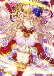 Rule 34 | 1girl, :o, angel, angel wings, arabian clothes, bare shoulders, blonde hair, blue flower, blue rose, breasts, collaboration, crown, closed eyes, falkyrie no monshou, flower, hair flower, hair ornament, hair over one eye, large breasts, official art, own hands together, rose, shinkai no valkyrie, soukuu kizuna, wings, zaphkiel (falkyrie no monshou)