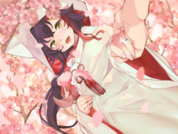 Rule 34 | animal ears, black hair, blush, bride, cherry blossoms, denden taiko, fingernails, hair between eyes, hair ornament, hairclip, holding hands, hololive, hood, hood up, japanese clothes, jewelry, kimono, long fingernails, long hair, looking at viewer, multicolored hair, ookami mio, open mouth, petals, pov, pov hands, red hair, ring, sidelocks, streaked hair, tears, teeth, uchikake, upper teeth only, very long hair, virtual youtuber, wedding ring, wolf girl, yellow eyes