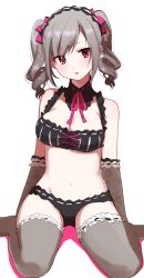 Rule 34 | 10s, 1girl, bad id, bad twitter id, breasts, cleavage, drill hair, elbow gloves, gloves, hairband, idolmaster, idolmaster cinderella girls, kanzaki ranko, lingerie, lolita hairband, long hair, misumi (macaroni), red eyes, silver hair, simple background, sitting, solo, swimsuit, thighhighs, twin drills, twintails, underwear, wariza