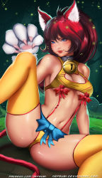Rule 34 | 1girl, animal ears, animal hands, bad id, bad pixiv id, bare shoulders, bell, blue eyes, breasts, cat cutout, cat ears, cat tail, cleavage, cleavage cutout, closed mouth, clothing cutout, collar, facial mark, gloves, large breasts, lips, long hair, looking at viewer, neck bell, nefrubi, original, patreon username, paw gloves, ponytail, red hair, sitting, solo, spread legs, suspenders, tail, thighhighs, underboob, watermark, web address, whisker markings