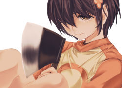 Rule 34 | 1girl, axe, bad id, bad pixiv id, brown hair, chie (lcddem), circle, flower, hair ornament, hairclip, holding, lcddem, looking at viewer, olmatown, short hair, sidelocks, simple background, smirk, solo, weapon, white background, yellow eyes