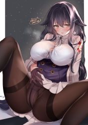 Rule 34 | 1girl, absurdres, arm support, azuma (azur lane), azur lane, black gloves, black pantyhose, bra, bra visible through clothes, breasts, breath, check commentary, clothes lift, colored skin, commentary request, cowboy shot, crotch seam, flower, gloves, hair between eyes, hair flaps, hair ornament, hairclip, half gloves, heavy breathing, highres, jacket, lace, lace-trimmed bra, lace trim, large breasts, lifting own clothes, long hair, looking at viewer, neco meito, panties, panties under pantyhose, pantyhose, parted lips, pink lips, pleated skirt, see-through, skirt, skirt lift, solo, spread legs, thighband pantyhose, twitter username, underwear, very long hair, wavy hair, white flower, white jacket, white skin, yellow eyes