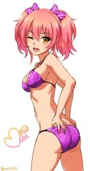 Rule 34 | 10s, 1girl, :d, ;d, ass, bikini, bow, breasts, character name, cleavage, hair bow, halterneck, hand on own ass, highres, idolmaster, idolmaster cinderella girls, jougasaki mika, kohinata (sdu0628), one eye closed, open mouth, pink hair, purple bikini, short twintails, sideboob, signature, smile, solo, string bikini, swimsuit, thighs, trefoil, twintails, twitter username, yellow eyes