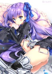 Rule 34 | 10s, 1girl, armor, armored boots, blue eyes, blue ribbon, blush, boots, fate/extra, fate/extra ccc, fate/grand order, fate (series), hair ribbon, long hair, looking at viewer, meltryllis (fate), navel, purple hair, ribbon, riichu, solo, very long hair