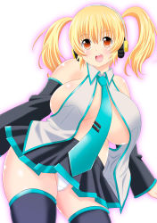 Rule 34 | 1girl, absurdres, bare shoulders, blonde hair, blush, breasts, cleavage, cosplay, curvy, detached sleeves, hatsune miku, hatsune miku (cosplay), headphones, highres, huge breasts, looking at viewer, navel, necktie, nitroplus, open mouth, orange eyes, panties, plump, short hair, skirt, smile, solo, super pochaco, thighhighs, tsukinaka harumitsu, twintails, undersized clothes, underwear, vocaloid, zettai ryouiki