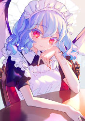 Rule 34 | 1girl, alternate costume, apron, arm rest, artist name, bat wings, black dress, blue hair, chair, closed mouth, collared dress, commentary, dress, elbow rest, enmaided, fang, fingernails, frilled apron, frills, hair between eyes, hand on own cheek, hand on own chin, hand on own face, hand on table, hand up, head rest, highres, hinasumire, light blush, long fingernails, looking at viewer, maid, medium hair, nail polish, no headwear, puffy short sleeves, puffy sleeves, red eyes, red nails, remilia scarlet, short sleeves, sidelocks, sitting, skin fang, slit pupils, smile, solo, spread wings, table, touhou, upper body, wavy hair, white apron, wing collar, wings