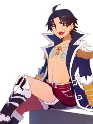 Rule 34 | 1boy, ahoge, black coat, black hair, coat, cocorosso, earrings, edward teach (fate), fate/grand order, fate (series), jewelry, long coat, looking at viewer, male focus, necklace, open mouth, pirate costume, topless male, short hair, shorts, simple background, sitting, smile, solo, white background, aged down