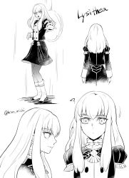 Rule 34 | 1girl, character name, closed mouth, epaulettes, fire emblem, fire emblem: three houses, from behind, from side, garreg mach monastery uniform, greyscale, hino michi, long hair, long sleeves, lysithea von ordelia, monochrome, multiple views, nintendo, open mouth, simple background, smile, twitter username, uniform, white background