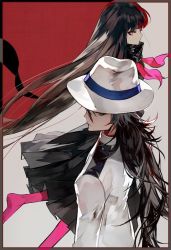 Rule 34 | 1boy, 1girl, black hair, black scarf, black skirt, border, commentary request, fate/grand order, fate (series), grey border, hat, jacket, long hair, long skirt, long sleeves, looking at viewer, mo (mocopo), neckerchief, oryou (fate), pantyhose, pink neckerchief, pink pantyhose, pleated skirt, red eyes, sakamoto ryouma (fate), scarf, skirt, very long hair, white hat, white jacket