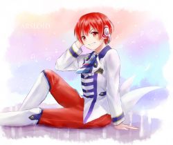 Rule 34 | 1boy, arm support, arsloid, bandaid, bandaid on face, boots, character name, headphones, male focus, musical note, pants, red eyes, red hair, red pants, school uniform, single vertical stripe, sitting, smile, solo, tsukimi (tsukim512), vocaloid