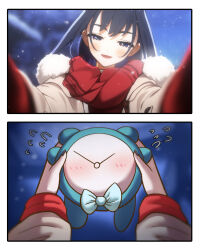 Rule 34 | 1girl, 1other, absurdres, black hair, blue eyes, blush, bow, clock, coat, ear piercing, face focus, highres, hololive, hololive english, open mouth, ouro kronii, piercing, pov, pov cheek warming (meme), scarf, smile, snow, virtual youtuber, winter clothes
