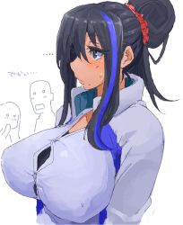 Rule 34 | black hair, blush, breasts, bursting breasts, character request, large breasts, long hair, minakami (flyingman555), mole, multicolored hair