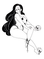 Rule 34 | 1girl, belly chain, black hair, greyscale, half-closed eyes, highres, holding, holding skull, invisible chair, jewelry, long hair, monochrome, navel, nipples, nude, original, panoramango, simple background, sitting, skull, smile, solo, very long hair, white background