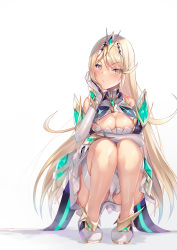 Rule 34 | 1girl, bare legs, bare shoulders, blonde hair, blush, breasts, chest jewel, cleavage, cleavage cutout, clothing cutout, dress, earrings, elbow gloves, gloves, inoue takuya (tactactak), jewelry, large breasts, long hair, looking at viewer, mythra (xenoblade), nintendo, panties, pantyshot, short dress, solo, squatting, swept bangs, thigh strap, tiara, underwear, very long hair, white dress, white footwear, white gloves, white panties, xenoblade chronicles (series), xenoblade chronicles 2, yellow eyes