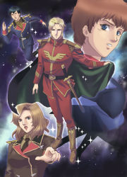 Rule 34 | 1girl, 3boys, :o, amuro ray, belt, black necktie, brown hair, buckle, cape, char&#039;s counterattack, char aznable, full body, green eyes, gundam, gyunei guss, lips, logo, looking at viewer, military, military uniform, multiple boys, nanai miguel, necktie, running, sheath, sheathed, sparkle, standing, sword, uniform, weapon