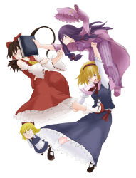Rule 34 | 3girls, absurdres, alice margatroid, apron, battle, blonde hair, book, bow, brown eyes, brown hair, capelet, chomoran, colorized, crescent, crescent moon, detached sleeves, doll, dress, female focus, futami yayoi, hair bow, hair ribbon, hairband, hakurei reimu, hat, highres, japanese clothes, kicking, mary janes, middle finger, miko, moon, multiple girls, one eye closed, patchouli knowledge, punching, purple eyes, purple hair, ribbon, shanghai doll, shoes, tears, touhou, wink, yellow eyes