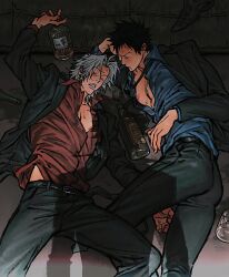 Rule 34 | 2boys, alcohol, arm rest, arm up, belt, black belt, black hair, black jacket, black necktie, black pants, blue shirt, bottle, closed eyes, commentary, drunk, entangled, feet out of frame, glass, glass bottle, gokudera hayato, hair intakes, hand on own head, hand on own stomach, highres, holding, holding bottle, jacket, katekyo hitman reborn!, layered clothes, layered sleeves, long sleeves, lying, male focus, multiple boys, necktie, on back, on side, open clothes, open shirt, pants, parted lips, shirt, short hair, suit jacket, sweat, sweatdrop, teeth, umkaqryi, undone necktie, white hair, yamamoto takeshi