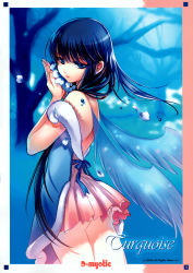 Rule 34 | 1girl, absurdres, aqua theme, backless dress, backless outfit, blue background, colored eyelashes, cowboy shot, dmyotic, dress, english text, flower, from side, highres, long hair, scan, shirahane nao, solo, turquoise, very long hair, water drop, wings