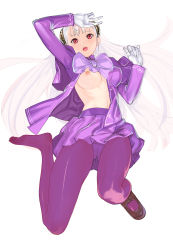 Rule 34 | 1girl, absurdres, albino, alternate costume, capcom fighting jam, capelet, commentary request, full body, gloves, gluteal fold, hairpods, highres, ingrid (capcom), jacket, mary janes, one breast out, open mouth, panties, panties under pantyhose, pantyhose, pink capelet, pink jacket, pink skirt, project x zone 2, purple pantyhose, red eyes, shoes, single shoe, skirt, solo, teeth, tetsu (kimuchi), toes, underwear, upper teeth only, white gloves, white hair